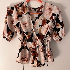 Floral Print Faux Wrap Puff Sleeve Peplum Top